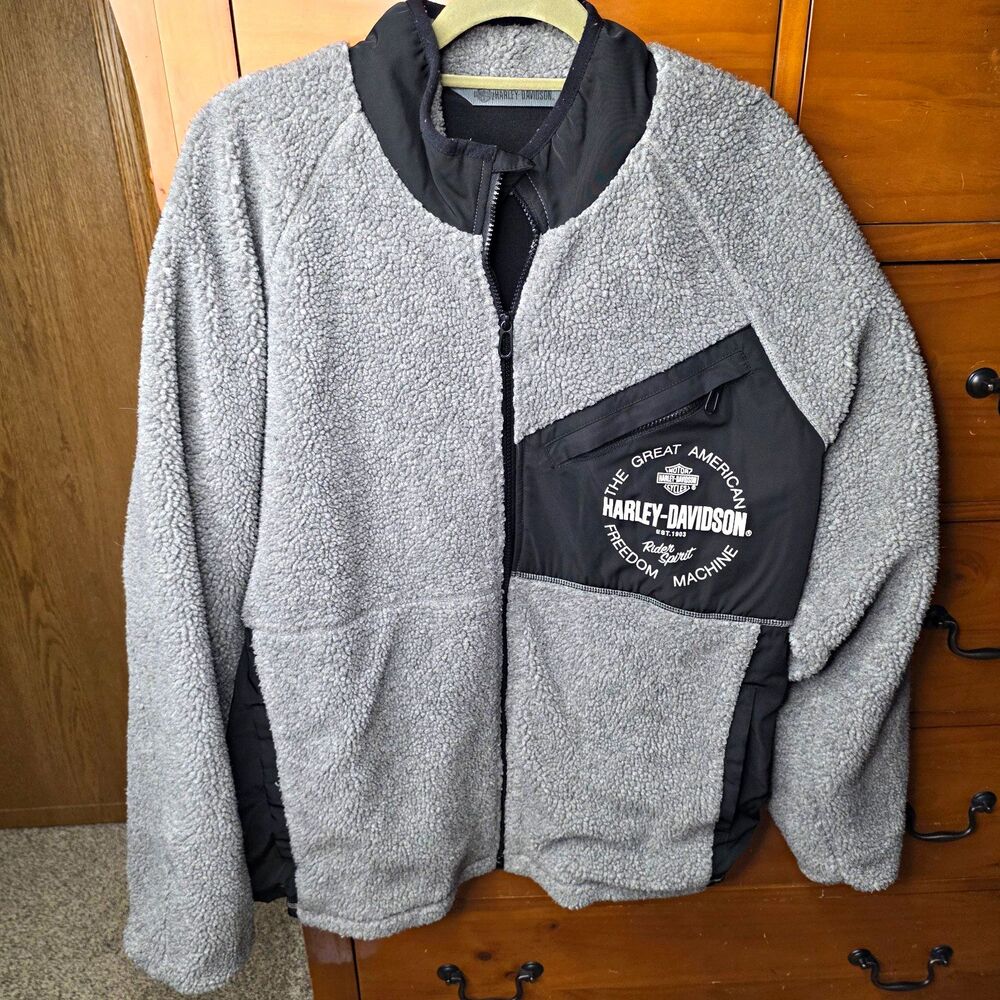 Harley-Davidson Fleece Jacke Size 2XL Gray Black Collar Logo Full Zip